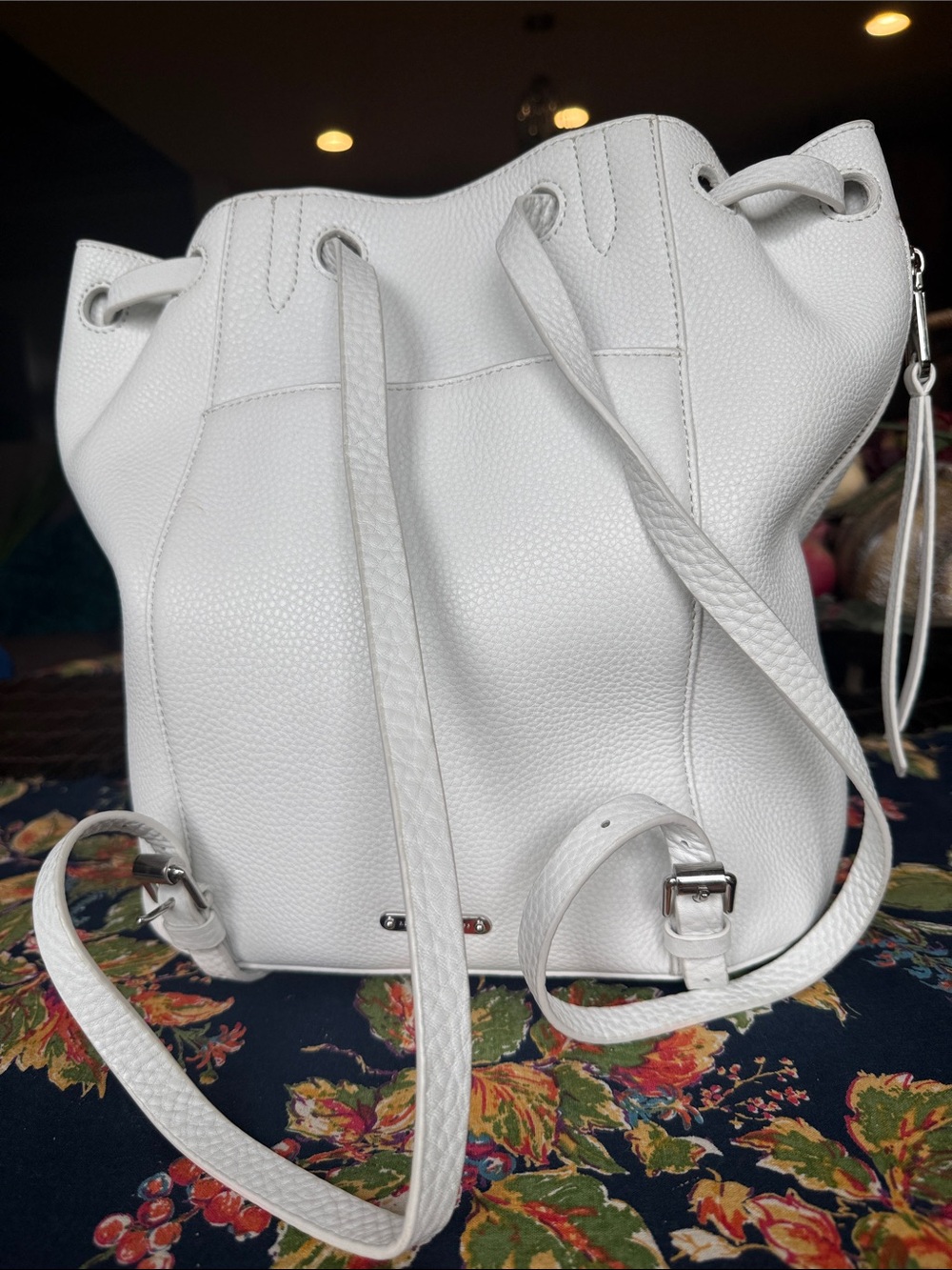 White Pebbled Leather Drawstring Bucket Backpack - Picture 2 of 10